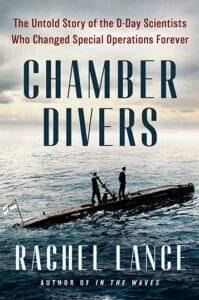 Cover of the book Chamber Divers, showing two men standing on a small submarine, surfaced in ominous waters.
